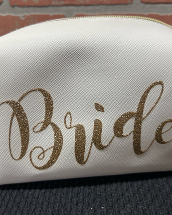 "BRIDE" MAKEUP BAG, WHITE WITH GOLD GLITTER LETTERING