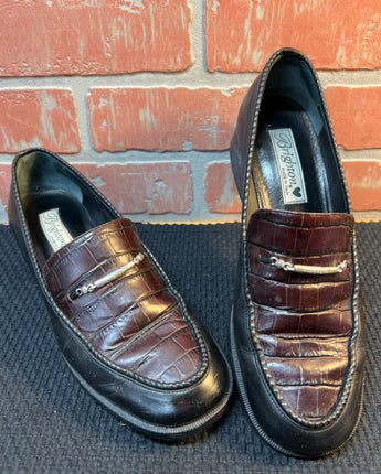 BRIGHTON LEATHER LOAFERS 8.5 BLACK/BROWN CROC W/SILVER TOP BAR