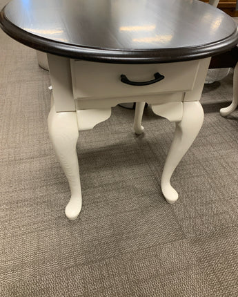 PAINTED SOLID OAK OVAL END TABLE, ONE DRAWER, GEL DARK STAINED TOP, WHITE BOTTOM