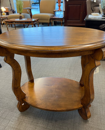 OVAL, SIDE TABLE, DARK STAIN WOOD, BOTTOM SHELF