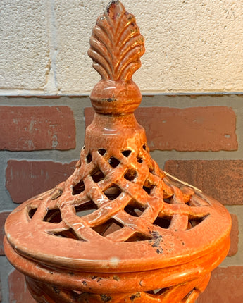 FROY ABNER CUTWORK VASE WITH FLEUR DE LIS ON LID 23.45"X7.5"X7.5"