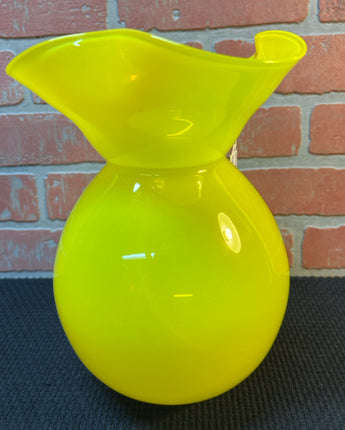 YELLOW HAND BLOWN GLASS VASE WITH RUFFLE RIM 10"X6.5"X6.5"