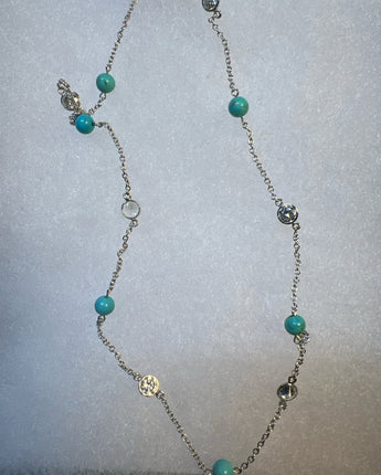 NECKLACE SILVER CHAIN WITH ROUND TURQUOISE BEADS & RHINESTONES