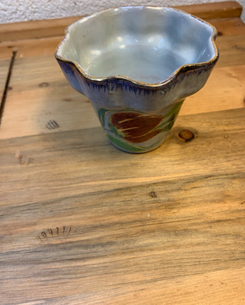 ITALIAN HAND PAINTED PLANTER MARBLED BLUE GOLD RIM RED FLOWER