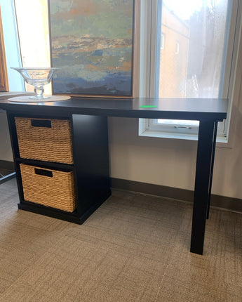 POTERY BARN DESK BLACK WITH 2 WICKER STORAGE BASKETS