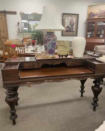 ANTIQUE DESK 2 POCKET DOORS ORNATE LEGS STAIN DARK BROWN