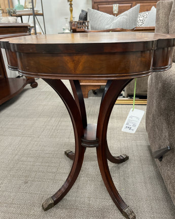 DUNCAN PHYFE ANTIQUE WOOD SIDE TABLE WITH LEATHER INLAY AND BRONZE CLAW FEET