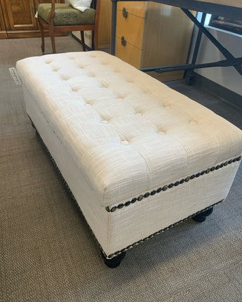 OTTOMAN WITH STORAGE CREAM TUFTED FABRICWITH  NAILHEADS