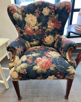 VINTAGE ARM CHAIR W/NAIL HEAD TRIM, NAVY  FLORAL UPHOLSTERY