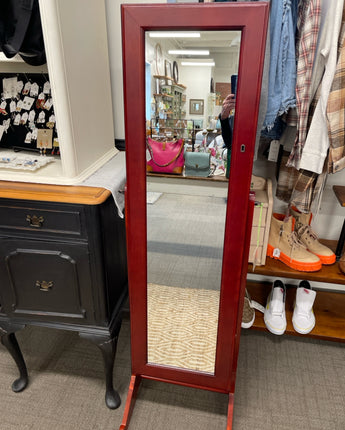 CHERRY COLOR WOOD ON STAND, MIRROR DOOR