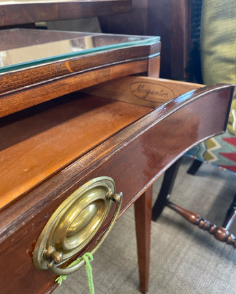 MORGANTON MAHOGANY ENTRY TABLE, GLASS TOP, ONE DRAWER