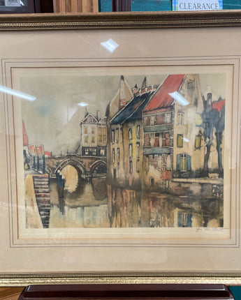 ALFRED VAN NESTE SIGNED VINTAGE LITHOGRAPH DUTCH CANAL & HOUSES