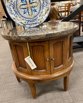 MCM, ROUND SIDE TABLE, MED BROWN WOOD, MARBLE TOP w/ 2 DOORS