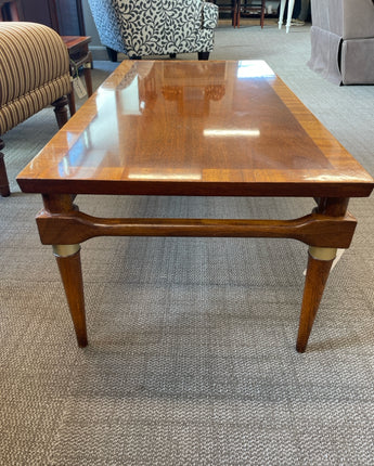 LANE, MCM, CHERRY WOOD COFFEE TABLE w/ INLAY, GOLD DETAIL ON LEGS