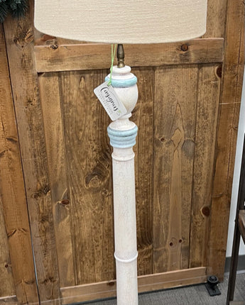 WHITE & TURQUOISE DISTRESSED FLOOR LAMP W/BEIGE LINEN SHADE