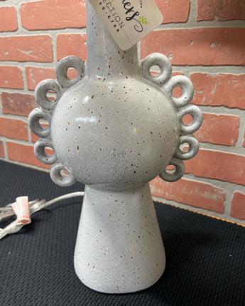 GRAY W/BROWN DOT CERAMIC LAMP W/LINEN SHADE