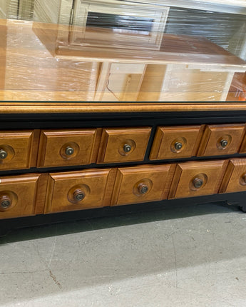 WOOD BLACK BASE COFFEE TABLE, STAINED TOP, 3 DRAWERS (GLASS ON TOP)