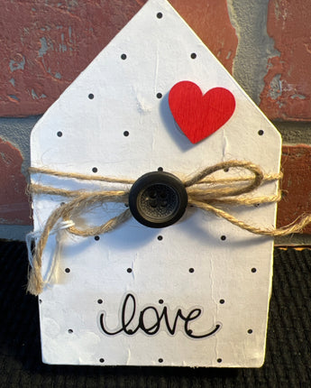 WOOD WHITE BLOCK HOUSE WITH BLACK DOTS RED HEARTS "LOVE"