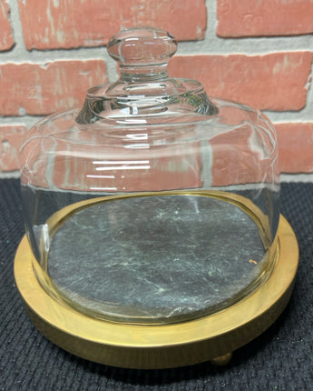 CHEESE PLATTER REMOVABLE GREEN MARBLE ON BRASS WITH DOME LID