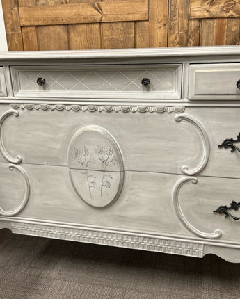 DRESSER, ANNIE SLOAN FRENCH LINEN CHALK PAINT w/IOD SPRIGS STAMP BLACK INK