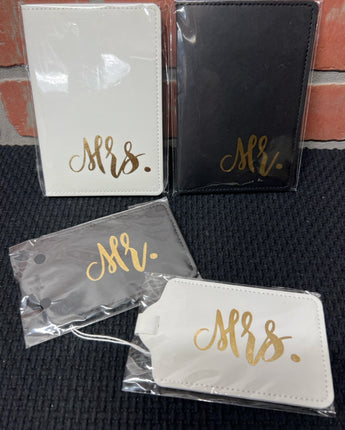 MR & MRS LUGGAGE TAGS AND PASSPORT HOLDER SET, WHITE & BLACK WITH GOLD LETTERING