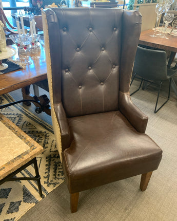 WING BACK ACCENT CHAIR, BROWN FAUX LEATHER, BURLAP BACKSIDE, NAIL HEADS