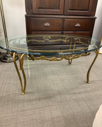 COFFE TABLE HEAVY ORNATE GOLD METAL GLASS TOP