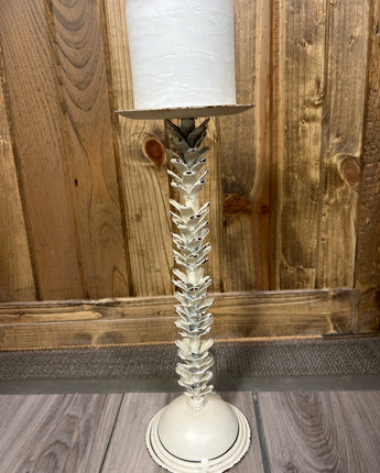 METAL CREAM DISTRESSED PETAL COLUMN ROUND BASE WITH CREAM CANDLE