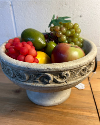 CEMENT BOWL OF FRUIT WITH METAL RING HANDLES