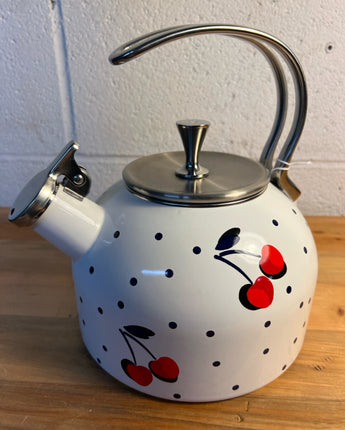KATE SPADE TEA KETTLE WHITE WITH RED CHERRIES SILVER ACCENT