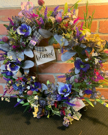25" WREATH BLUE FLORAL WITH PURPLE & WHITE RIBBON