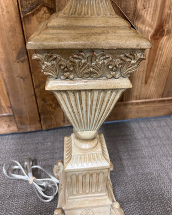 LIGHT BROWN URN SHAPE LAMP W/EMBOSSED LEAVES & SQUARE FLUTE COLUMN 36"X7.5"X7.5"