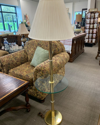 FLOOR LAMP BRASS WITH GLASS TABLE OFF WHITE SHADE
