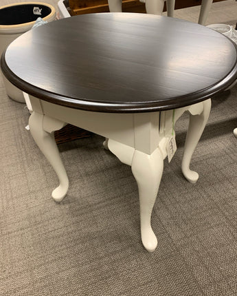 PAINTED SOLID OAK OVAL END TABLE, ONE DRAWER, GEL DARK STAINED TOP, WHITE BOTTOM