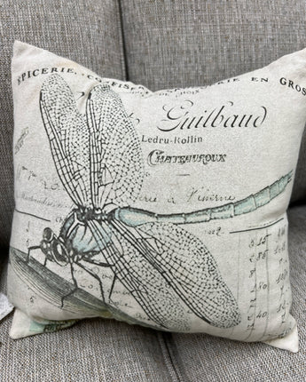 DRAGONFLY SQUARE LINEN PILLOWS TURQUOISE GREEN & LINEN