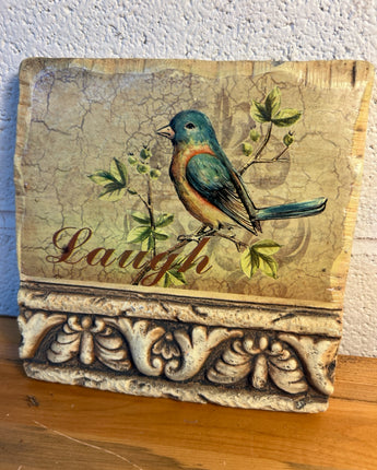 PLASTER WALL TILE DISTRESSED WALL DECOR WITH TURQUOISE  BIRD "LAUGH"