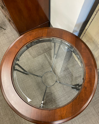WOOD, METAL BASE, GLASS TOP, ROUND END TABLE