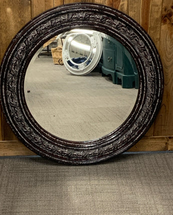 ROUND BROWN DISTRESSED FRAME BEVEL MIRROR 33"X33"