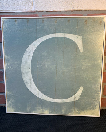 WHITE WOOD FRAME WITH TURQUOISE DISTRESSED CANVAS "C" 18"X1"X18"