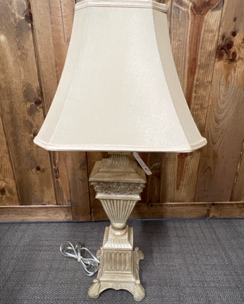 LIGHT BROWN URN SHAPE LAMP W/EMBOSSED LEAVES & SQUARE FLUTE COLUMN 36"X7.5"X7.5"