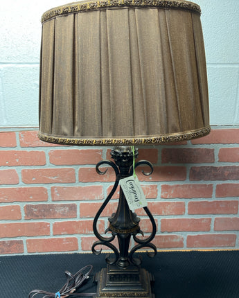 BROWN IRON LAMP RECTANGLE BASE OVAL BROWN  PLEATED SHADE