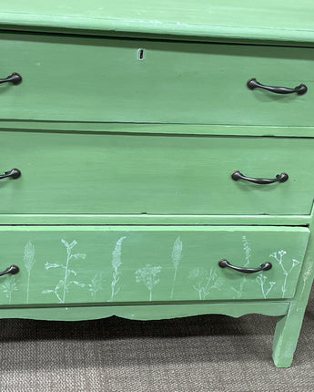 DRESSER, CHALK PAINT, CAPABILITY GREEN, WHITE WAX, IOD SPRING STAMP/ WHITE INK