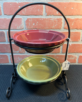 LONGABERGER 2 TIER IRON BOWL HOLDER W/A BURGUNDY & AN OLIVE BOWL