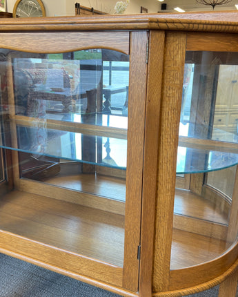 DISPLAY CASE, SOLID OAK, CURVED GLASS, BRASS HARDWARE w/ CLAW FEET