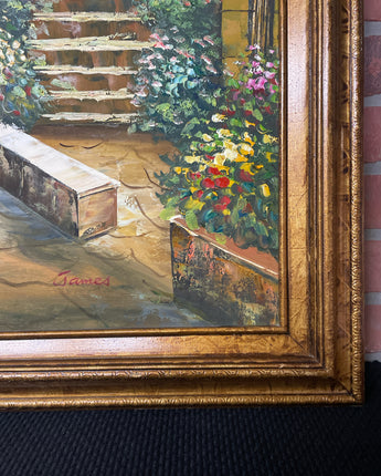 OIL PAINTING ON CANVAS BY JAMES ITALIAN VILLA ARCHES W/FLOWERS