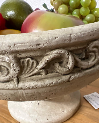 CEMENT BOWL OF FRUIT WITH METAL RING HANDLES