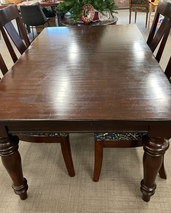 POTTERY BARN TABLE, FOUR CHAIRS, BLUE PRINT UPHOLSTERED SEATS