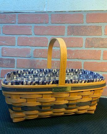 LONGABERGER BROWN MARKET BASKET WITH NAVY ACCENT & PLAID LINER 12.45"X9.5"X16"