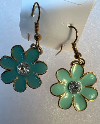 EARRINGS TURQUOISE FLOWERS WITH RHINESTONE CENTER