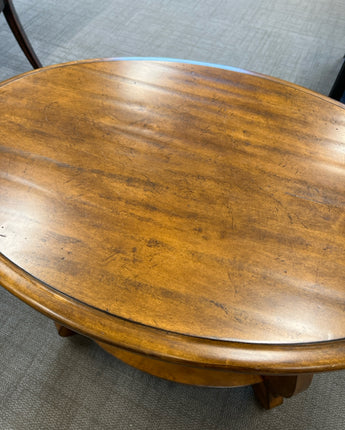 OVAL, SIDE TABLE, DARK STAIN WOOD, BOTTOM SHELF